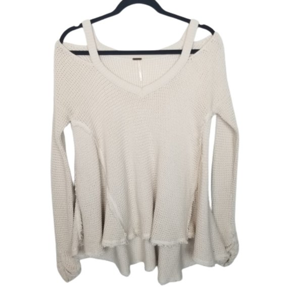 Free People Womens XS Cream Pullover Sweater Cold Shoulder Sleeves Open Knit - Picture 2 of 9